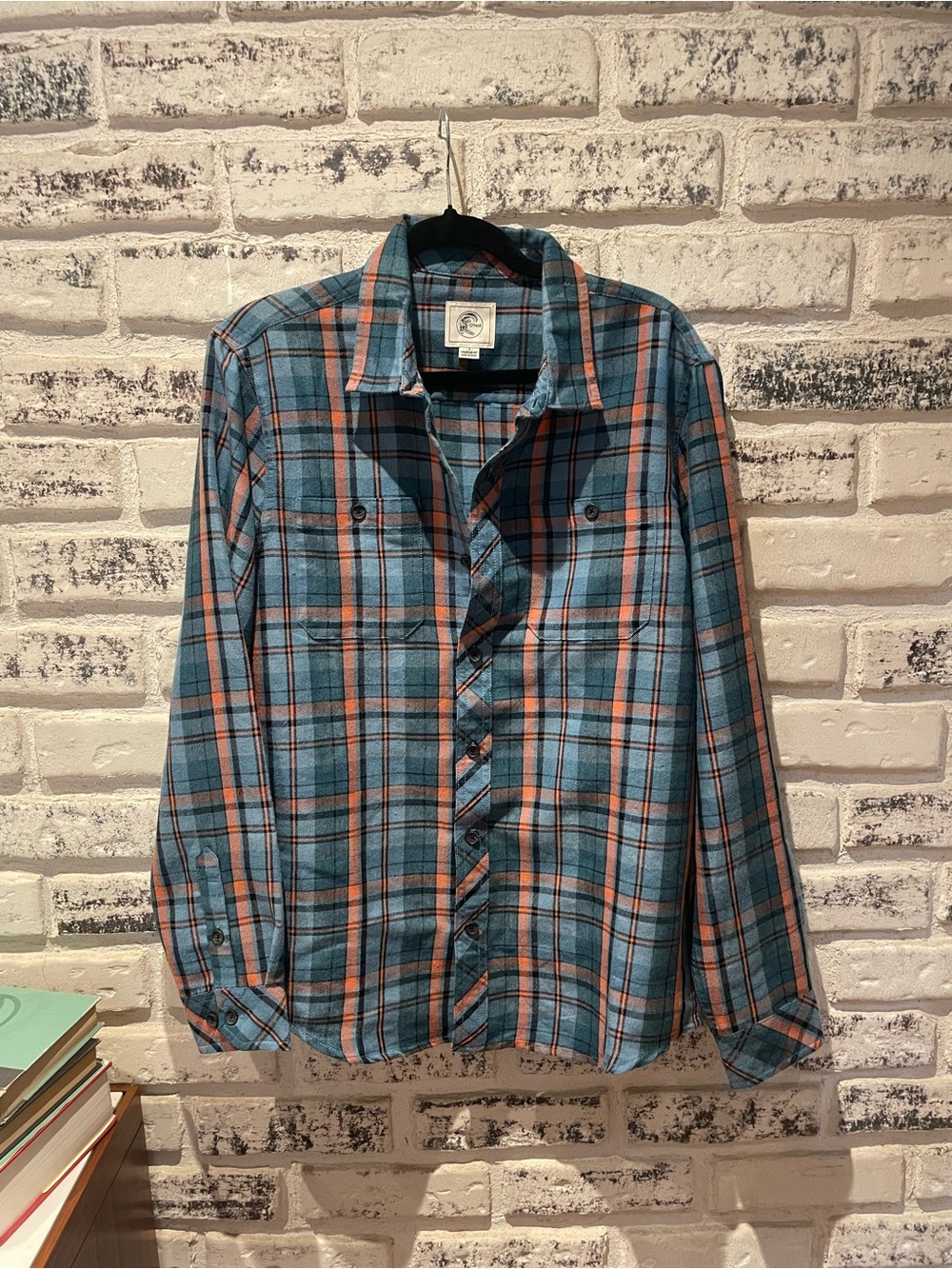 O’Neill Men’s Flannel Shirt Blue Orange Plaid Size Small Standard Fit